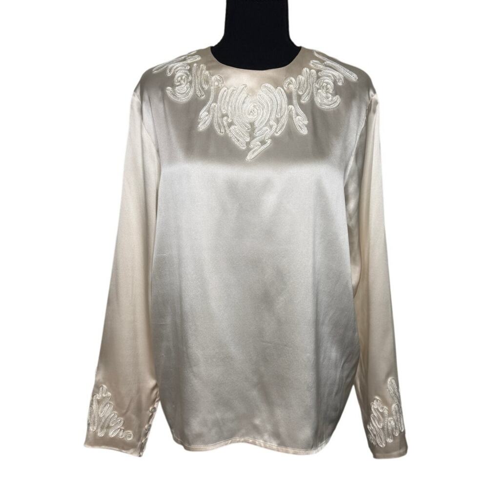 Vintage Silk Blouse Cream Embroidered Minimalist Old Money Office Western